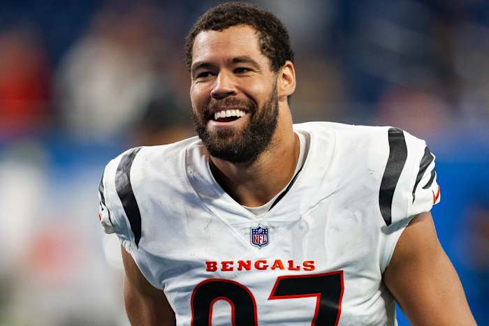 Oct 17, 2021; Detroit, Michigan, USA; Cincinnati Bengals tight end C.J. Uzomah (87) smiles after the game against the Detroit Lions at Ford Field. Mandatory Credit: Raj Mehta-USA TODAY Sports